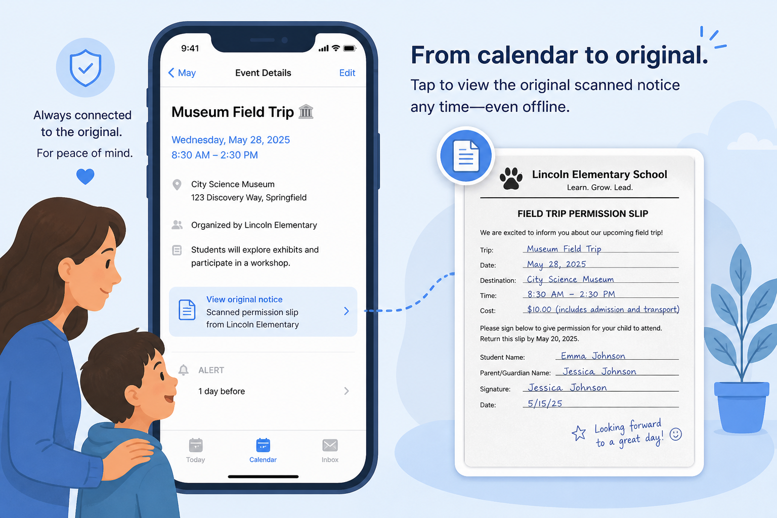 Opening the original school notice from a SchoolSync Notice to Calendar event
