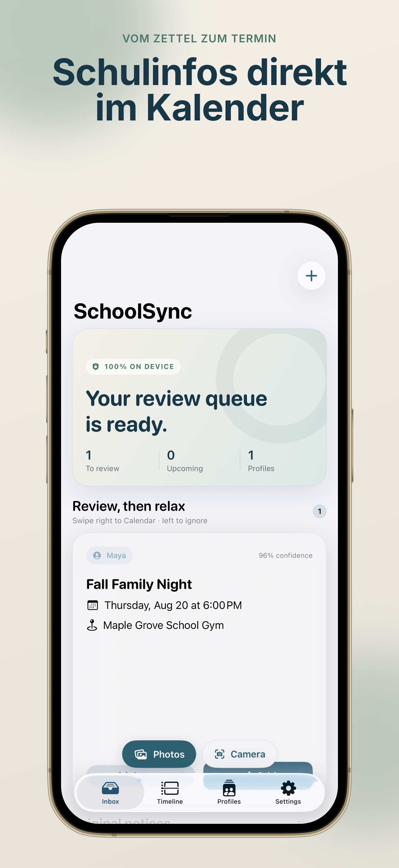 SchoolSync: Notice to Calendar Startbildschirm mit Prüfwarteschlange