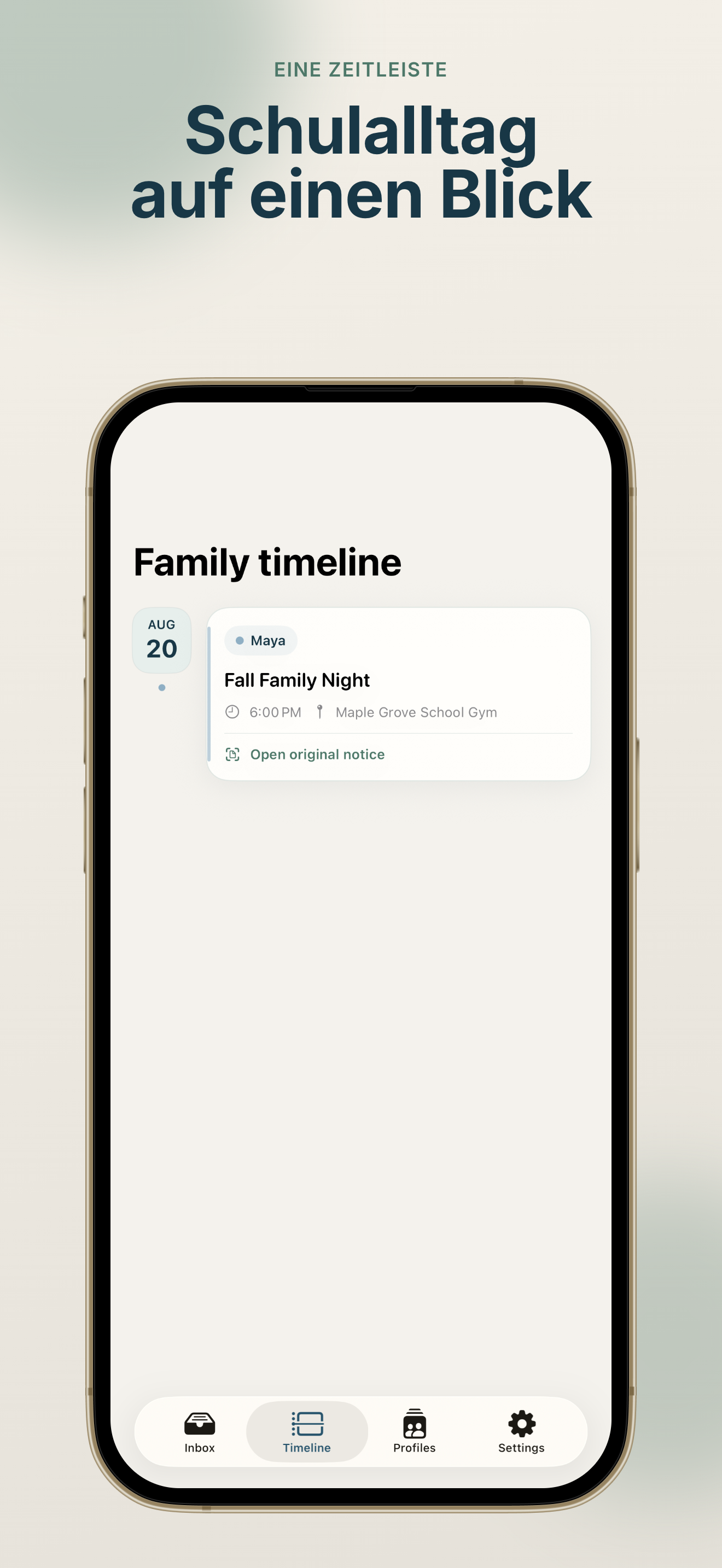 SchoolSync: Notice to Calendar Familien-Zeitachse mit anstehenden Schulterminen