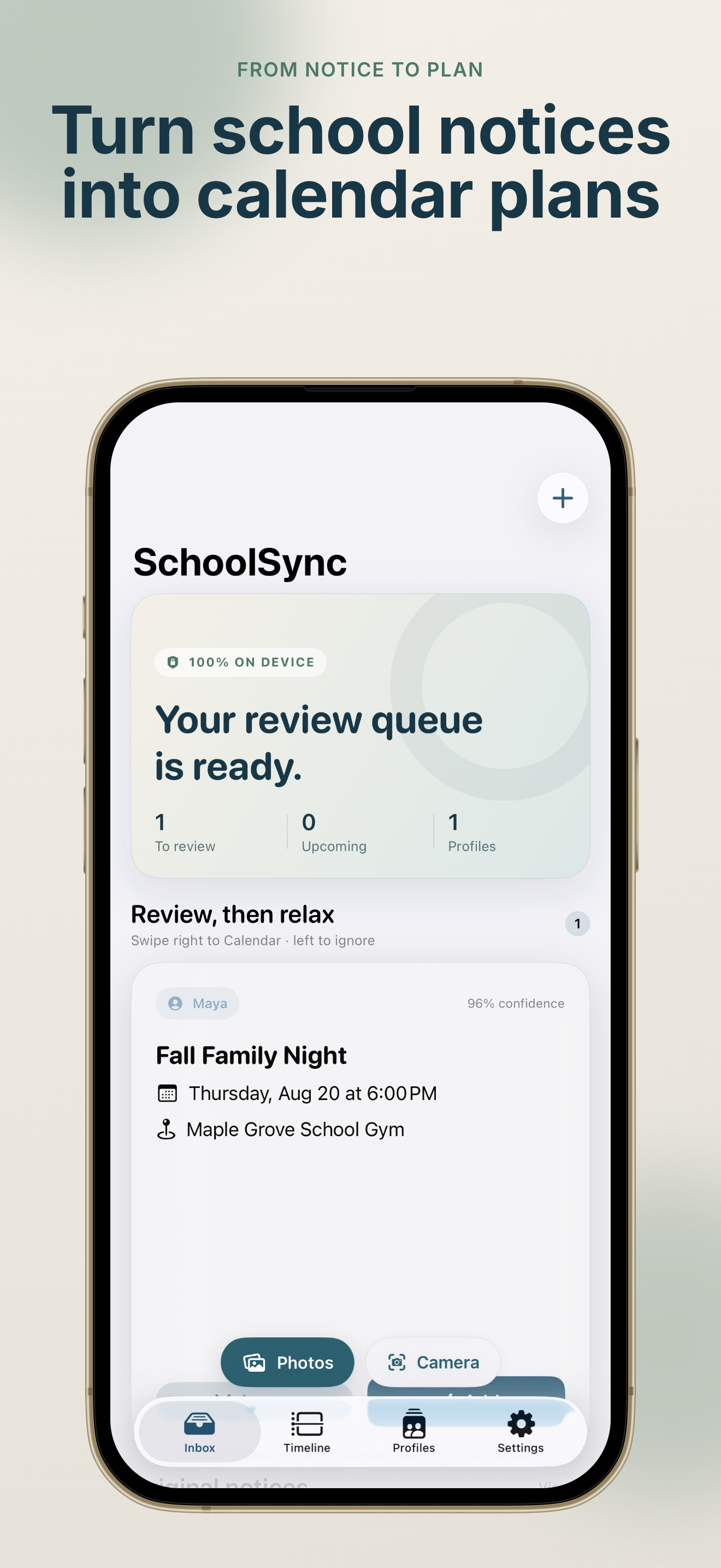 SchoolSync: Notice to Calendar home screen showing the review queue