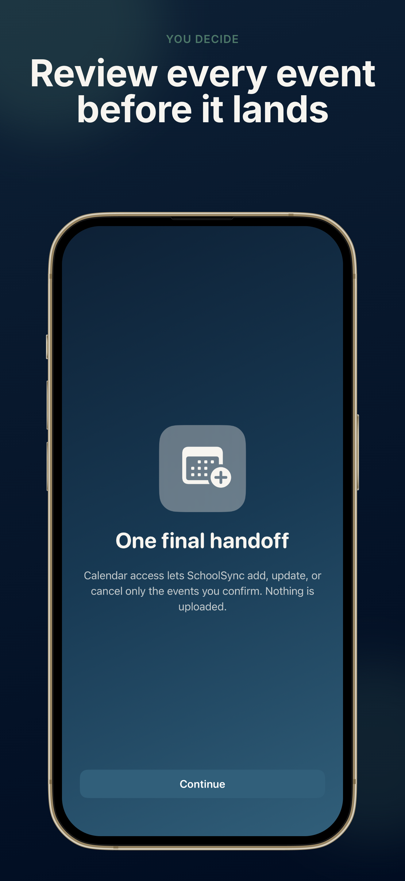 SchoolSync: Notice to Calendar import screen for photos, PDFs, and email