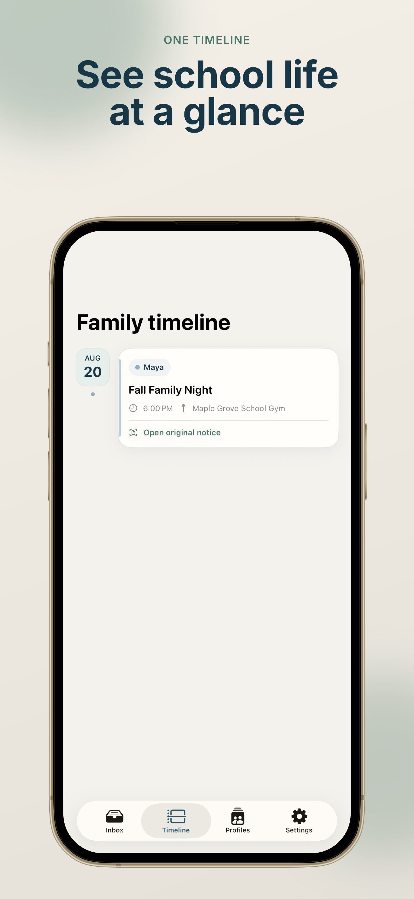 SchoolSync: Notice to Calendar family timeline with upcoming school events