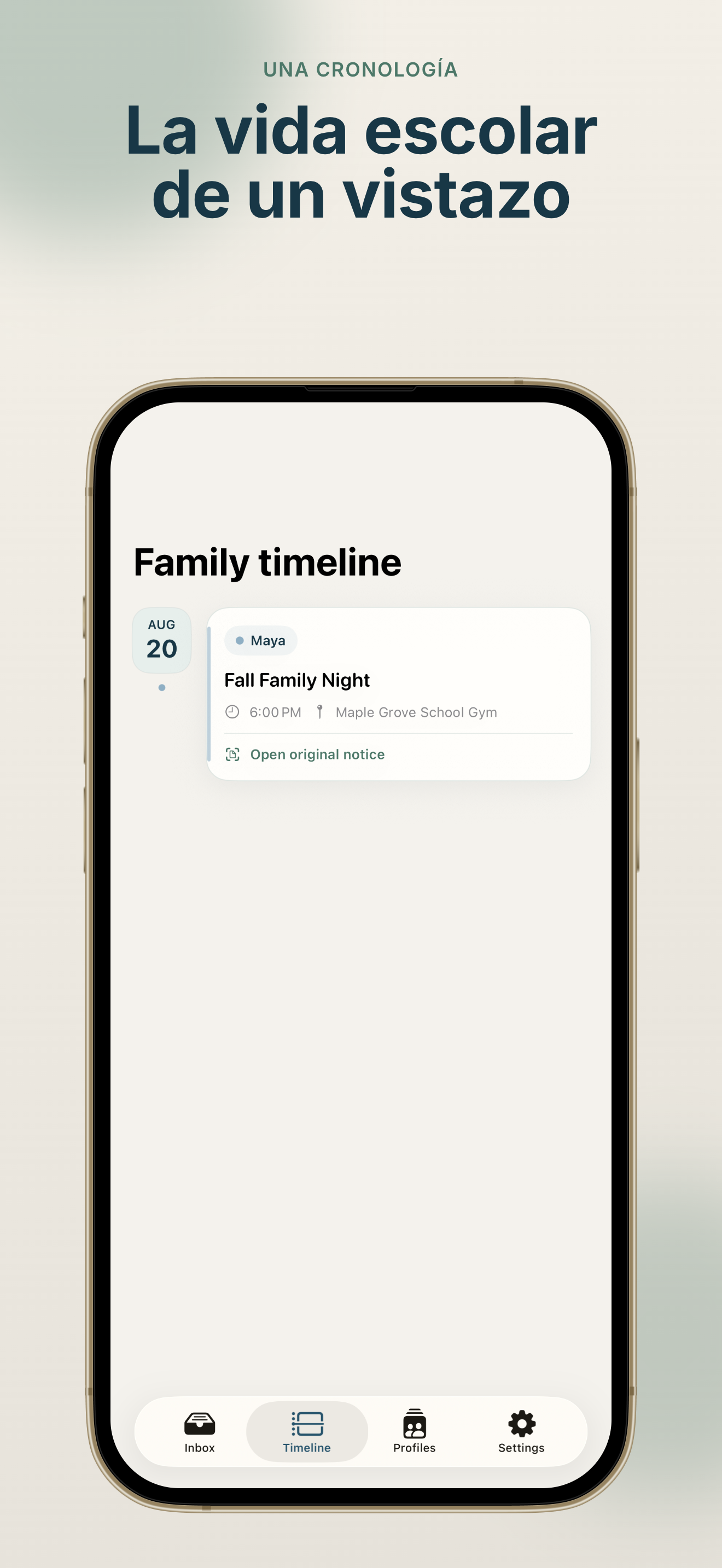 Línea de tiempo familiar de SchoolSync: Notice to Calendar con próximos eventos escolares