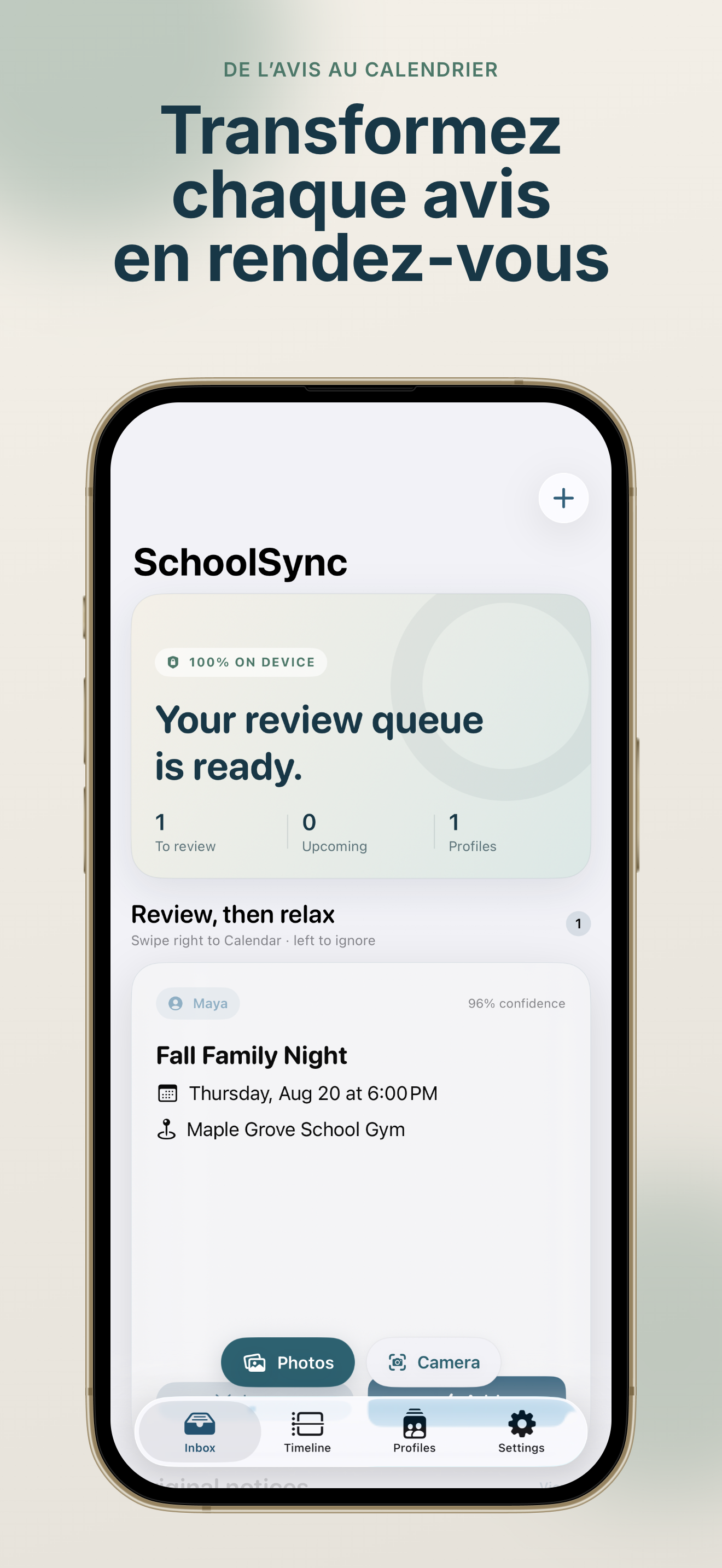 Écran d'accueil de SchoolSync: Notice to Calendar avec la file de révision