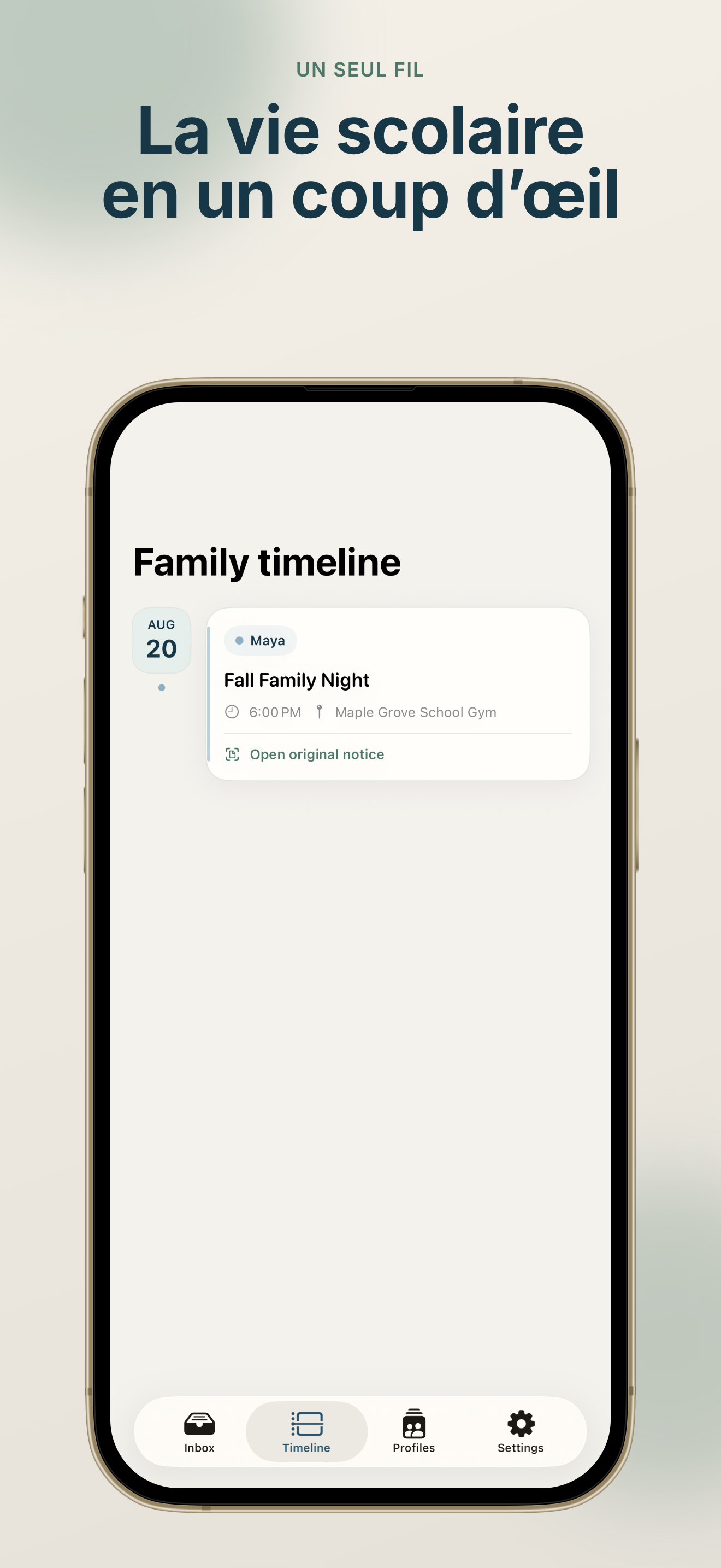 Chronologie familiale de SchoolSync: Notice to Calendar avec les prochains événements scolaires
