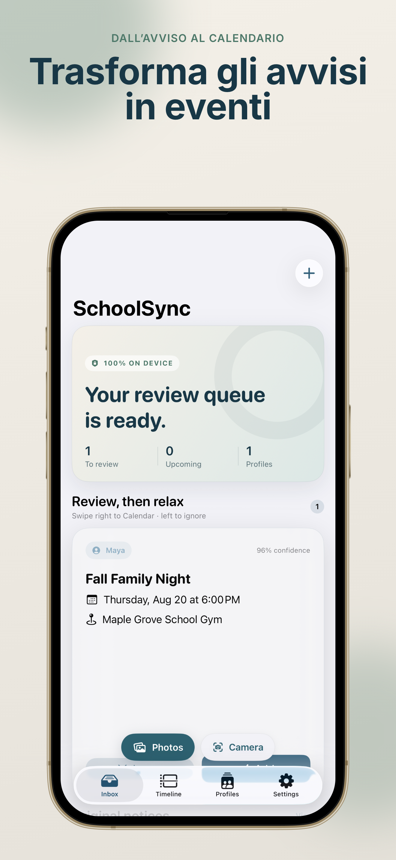 Schermata home di SchoolSync: Notice to Calendar con coda di revisione