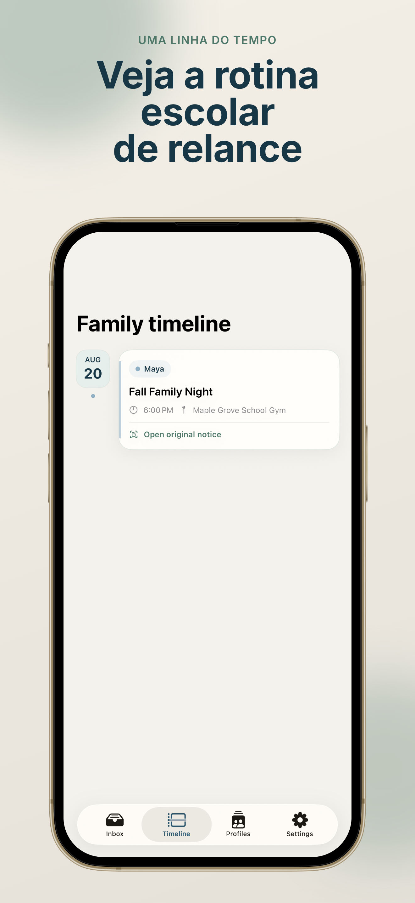 Linha do tempo familiar do SchoolSync: Notice to Calendar com próximos eventos escolares